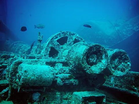 A Winch and associated parts sitting on the deck of the SS Thistlegorm. The Thistlegorm, a transport ship, was sunk by a German bomber, during the Second World War, on 5 October 1941 near Ras Muhammad